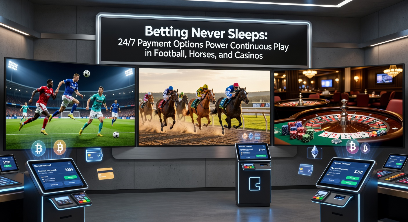 Vibrant racetrack under spotlights with horses thundering toward the finish, overlaid with digital payment icons and soccer ball and casino chip graphics, capturing the 24/7 betting relay