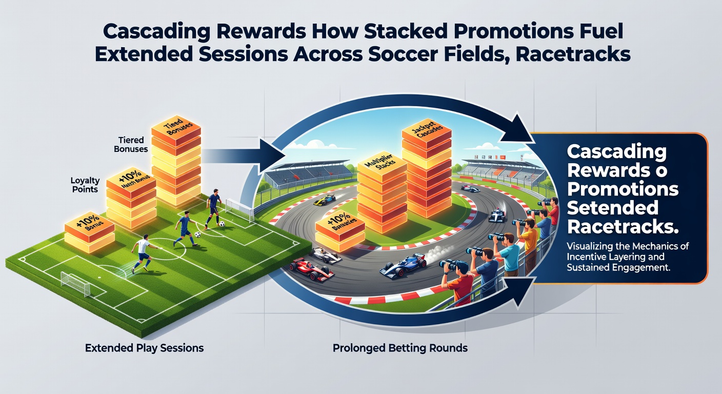 Dynamic racetrack scene with horses thundering down the stretch, digital overlays showing cascading bonus notifications stacking during a live race