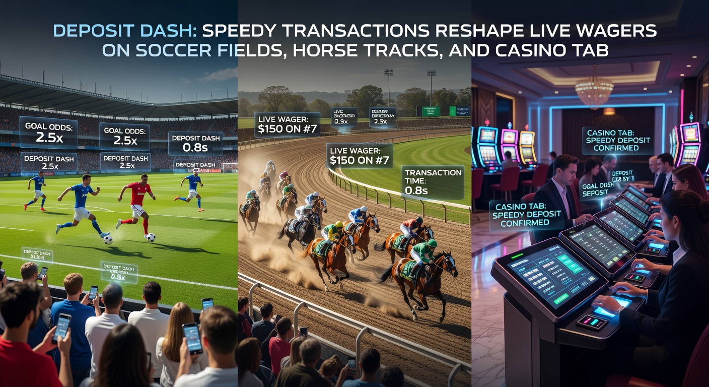 Close-up action shot of a bettor's phone screen displaying a live horse race feed with overlay odds updating rapidly, next to a finger tapping an instant deposit button amid blurred racetrack excitement