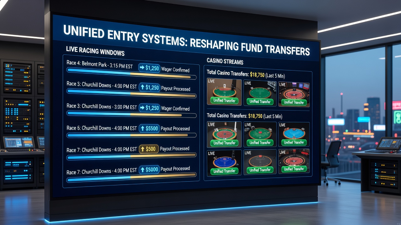 Diagram showing real-time fund transfers between racing and casino modules via unified authentication