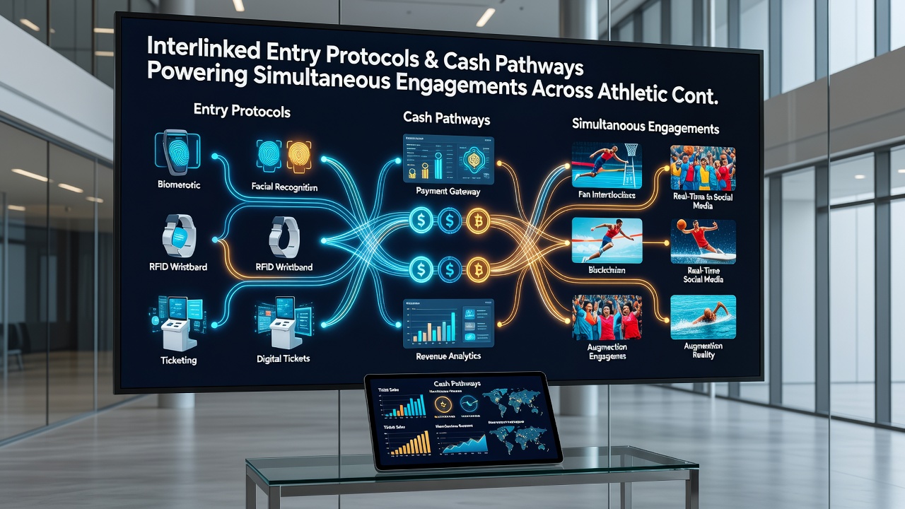 Diagram showing real-time cash flow between athletic contest bets, equine event stakes, and table game accounts via unified payment rails