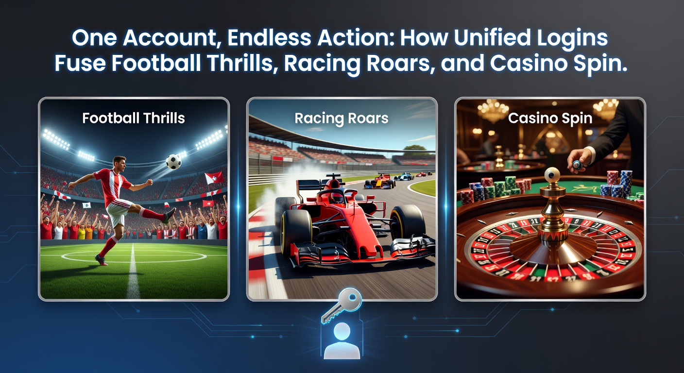 Close-up of a mobile screen displaying a single login button transitioning to split views of a football pitch, racing track, and spinning roulette wheel, emphasizing unified access on the go