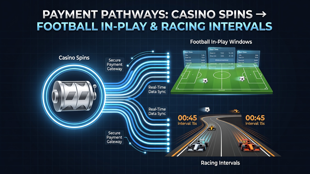 Flow diagram showing payment routing between casino, football, and racing platforms