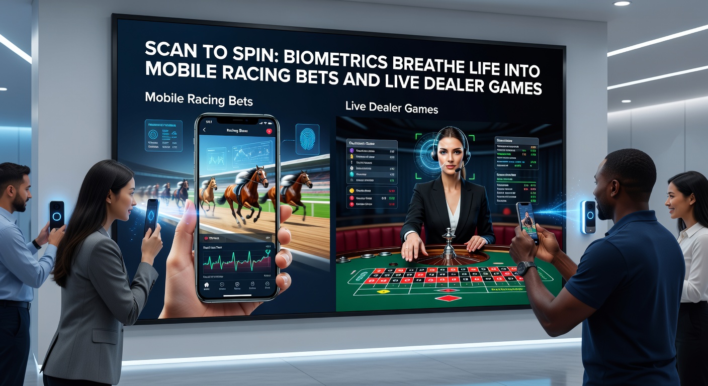 Live dealer roulette table on a mobile screen with overlaid biometric fingerprint scan animation, cards and chips spinning in real-time